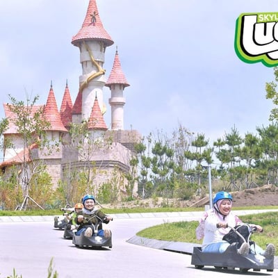 Friends race down the tracks at the Busan Luge.