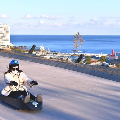 A lady rides the Busan Luge with stunning views of the Dong Busan beach behind her.